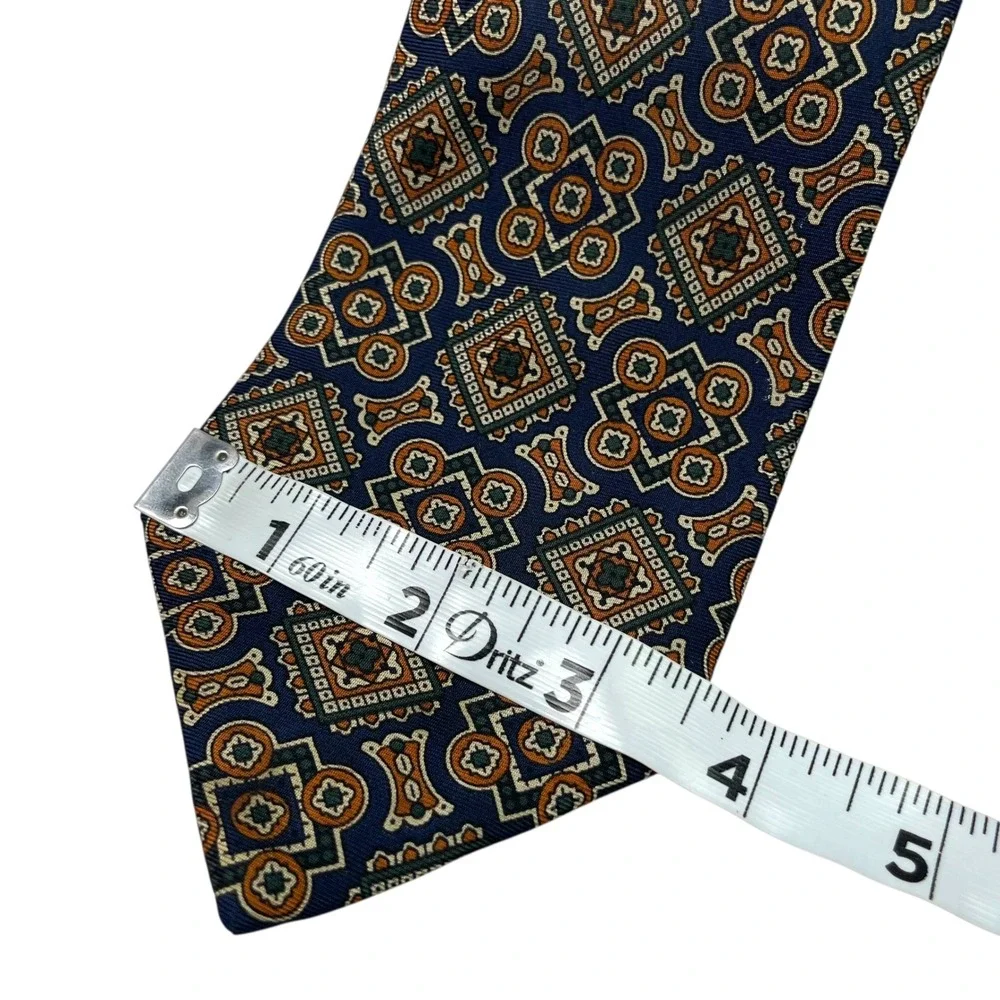 FENDI Cravatte Mens Silk Tie Navy Blue Orange Geometric Medallion Made in Italy‎